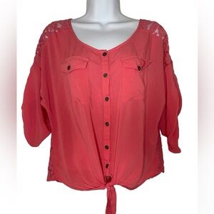 Coral Pink Button Down Blouse with Lace Accents (Vanity)
